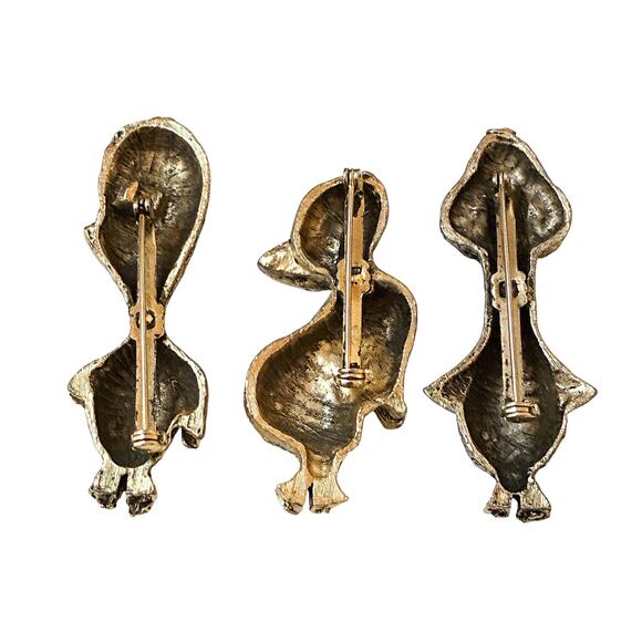 Vintage 1970s "Ugly Chic" Textured Gold Trio Duck Brooch - Picture 5 of 6
